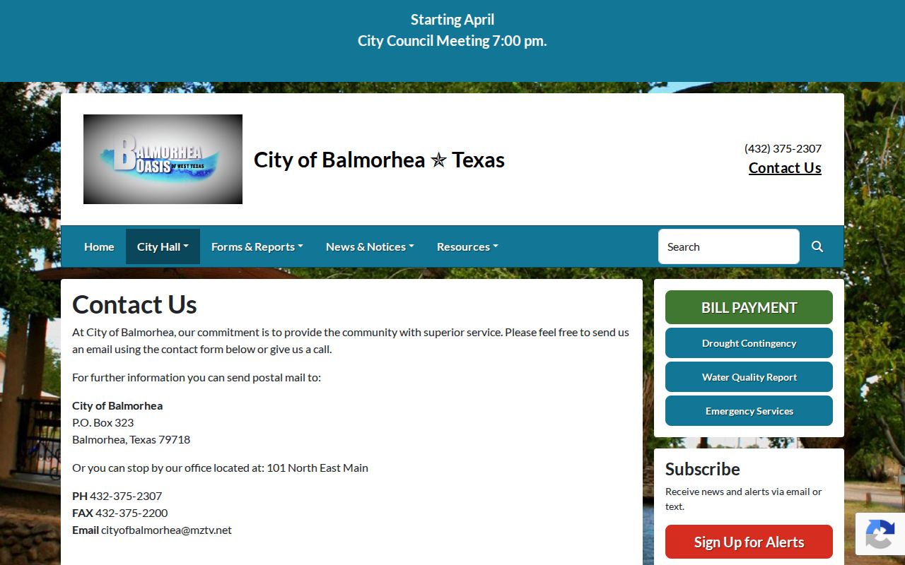 Balmorhea city office contact page for Balmorhea warrant records